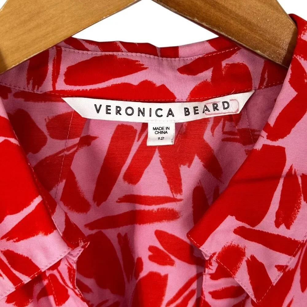 Veronica Beard Samy Red and Pink Print Balloon Sleeve Mini Dress Size 12 - Picture 5 of 6